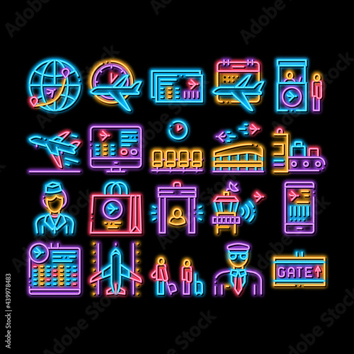 AirAnd Airport neon light sign vector. Glowing bright icon AirWorldwide Direction And Ticket, Pilot And Stewardess, Airplane And Calendar Illustrations