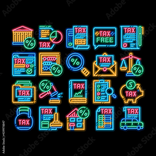 Tax System Finance neon light sign vector. Glowing bright icon Tax System Building And Car, Document And Mail Notice, Abacus And Scales Illustrations