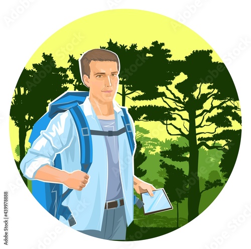 Cute boy tourist with a tablet navigator. Backpack. Against the backdrop of a beautiful landscape. Large trees and green forest. A man in travel. Flat style. Adventure. Illustration. Vector