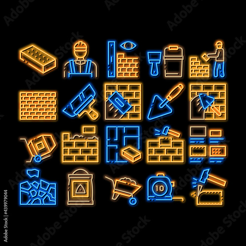Bricklayer Industry neon light sign vector. Glowing bright icon Professional Bricklayer Worker, Mason Layer Equipment For Construct Brick Wall Illustrations