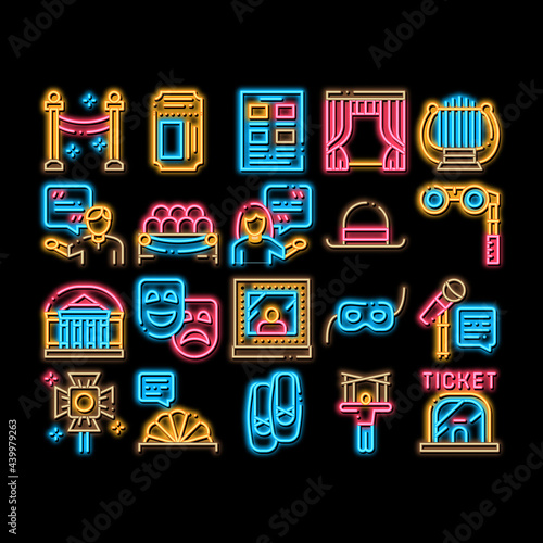 Theatre Equipment neon light sign vector. Glowing bright icon Theatre Ticket And Binoculars, Mask And Microphone, Curtain And Seats, Building And Hat Illustrations