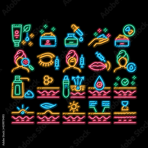 Skin Care Cosmetic neon light sign vector. Glowing bright icon Skin Care Cream And Moisturizing Oil, Eye, Lips And Facial Anti-aging Injection Illustrations