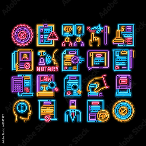 Notary Service Agency neon light sign vector. Glowing bright icon Agreement And Law Research, Document With Stamp And Signature, Notary Service Information Illustrations