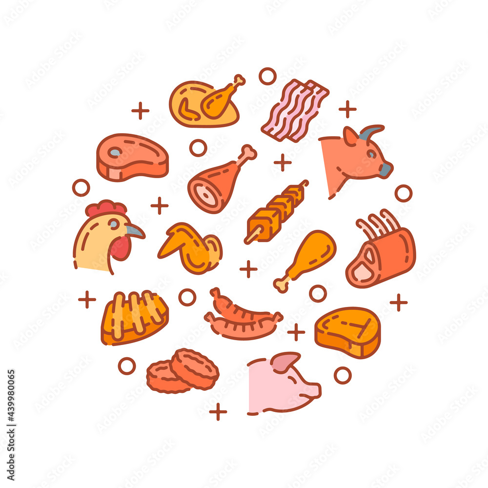 Round design with different meat products elements isolated on white background. Vector illustration. Round design with different meat products elements isolated on white background. Vector illustration.
