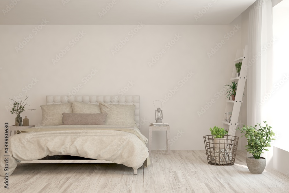 Fototapeta premium Soft color bedroom interior. Scandinavian design. 3D illustration