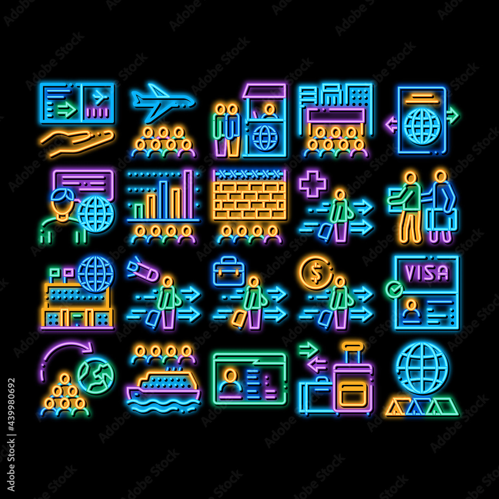 Immigration Refugee neon light sign vector. Glowing bright icon Immigration Person With Baggage, Passport And Visa, Cruise Liner Voyage And Airplane Illustrations