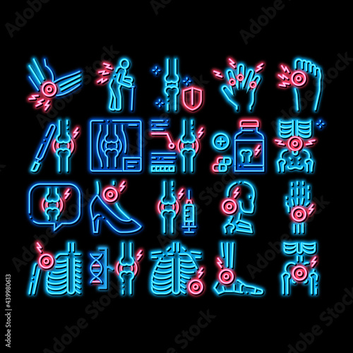 Arthritis Disease neon light sign vector. Glowing bright icon Arthritis Symptoms And Treatments, Pain In Joints And Back, Neck And Knee, Fingers And Ribs Illustrations