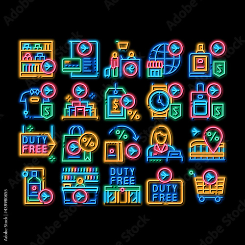 Duty Free Shop Store neon light sign vector. Glowing bright icon Duty Free Nameplate And Product, Bag And Label, Perfume And T-shirt, Credit Card And Cart Illustrations