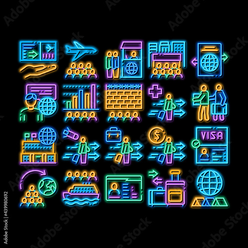 Immigration Refugee neon light sign vector. Glowing bright icon Immigration Person With Baggage, Passport And Visa, Cruise Liner Voyage And Airplane Illustrations
