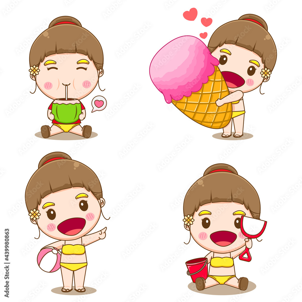 Set collection of cute girl doing summer activities. Cartoon design illustration with isolated white background. Set collection of cute girl doing summer activities. Cartoon design illustration with isolated white background.