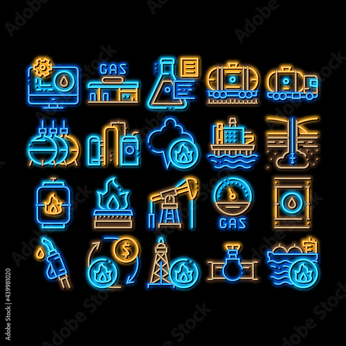 Gas Fuel Industry neon light sign vector. Glowing bright icon Gas Truck Cargo Delivery And Carriage Transportation, Station And Derrick, Flame And Barrel Illustrations