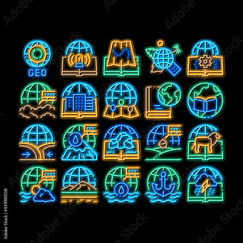 Geography Education neon light sign vector. Glowing bright icon History And Urban Geography, Climatology And Oceanology, Meteorology And Hydrology Illustrations