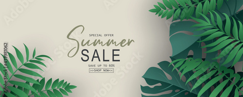 Summer sale banner design with tropical leaves background