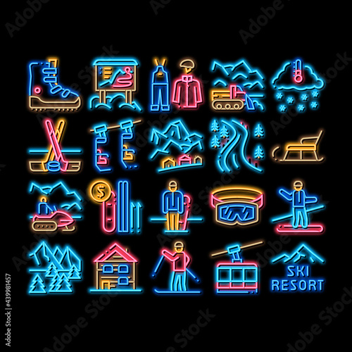 Ski Resort Vacation neon light sign vector. Glowing bright icon Ski Snow Track And Shoe, Protective Glasses And Sled, Chairlift Cableway And Cabin Illustrations