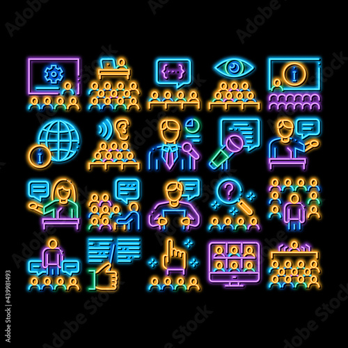 Seminar Conference neon light sign vector. Glowing bright icon Seminar In Meeting Room, Online Communication And Presentation, Speaker And Lector Illustrations