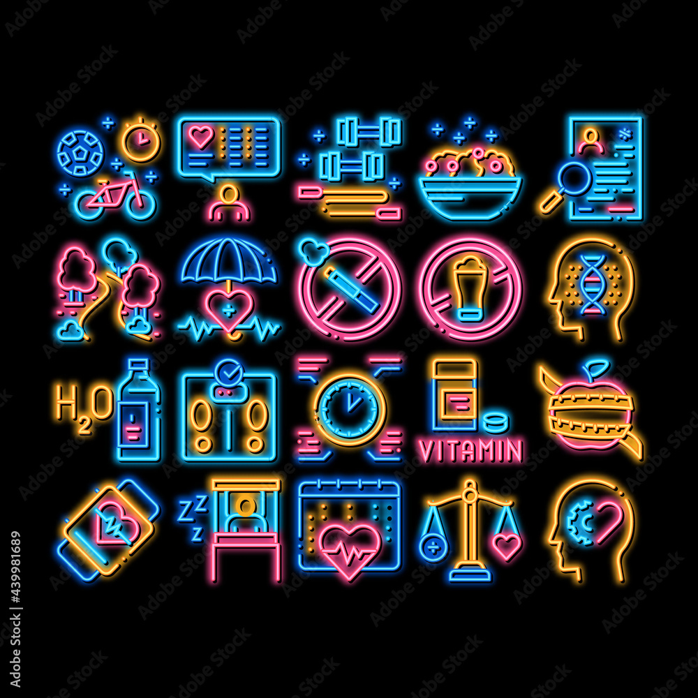 Healthy Lifestyle neon light sign vector. Glowing bright icon Healthy Food Dish And Vitamin Pills, Sport And Walking, Non-alcohol And Non-smoking Illustrations