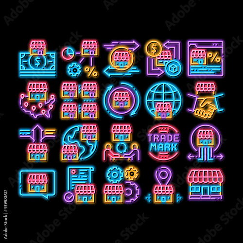 Franchise Business neon light sign vector. Glowing bright icon Franchise And Trade Mark, Wideworld Branches And Dollar, Handshake And Contract Illustrations