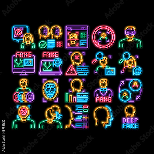 Deepfake Face Fake neon light sign vector. Glowing bright icon Human Face Research And Change, Computer Video Analysis And Downloading Image Illustrations