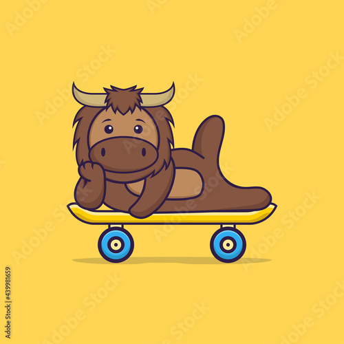 Cute bull lying on a skateboard. Animal cartoon concept isolated. Can used for t-shirt, greeting card, invitation card or mascot. Flat Cartoon Style