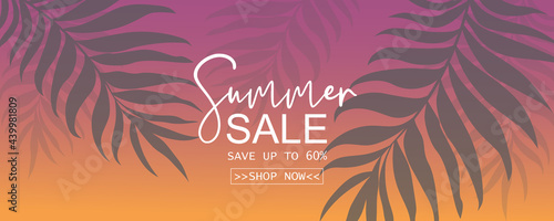 Summer sale banner design with tropical leaves background