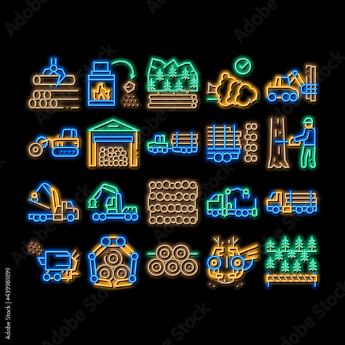 Wood Logging Industry neon light sign vector. Glowing bright icon Forest Material Logging Transportation And Storaging, Lumberjack Cutting Tree Illustrations