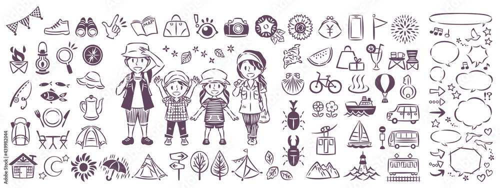 Fototapeta premium 夏休みの旅行 アウトドアレジャー 家族 アイコンイラストと吹き出し セット