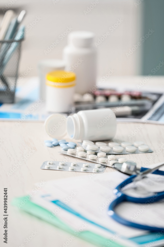 Different pills on table, closeup Different pills on table, closeup