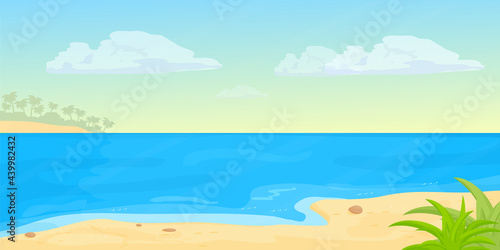 Tropical seascape beach with sea, sand in cartoon style. Horizontal banner, summer vacation exotic coast. Calm, relaxing scene. Vector illustration