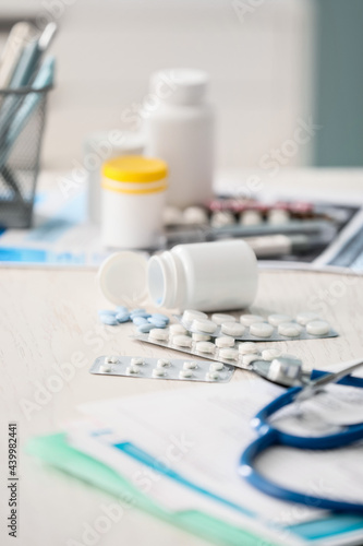 Different pills on table, closeup