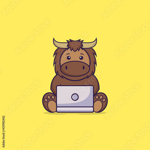 Cute bull using laptop. Animal cartoon concept isolated. Can used for t-shirt, greeting card, invitation card or mascot. Flat Cartoon Style