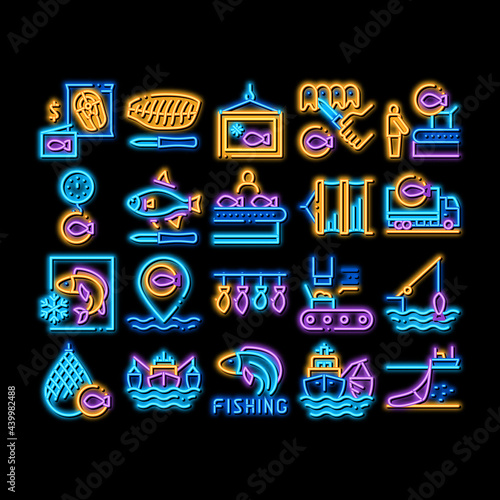 Fishing Industry Business Process neon light sign vector. Glowing bright icon Fishing Industry Processing, Boat With Catch, Fish Drying And Froze, Factory Conveyor Illustrations