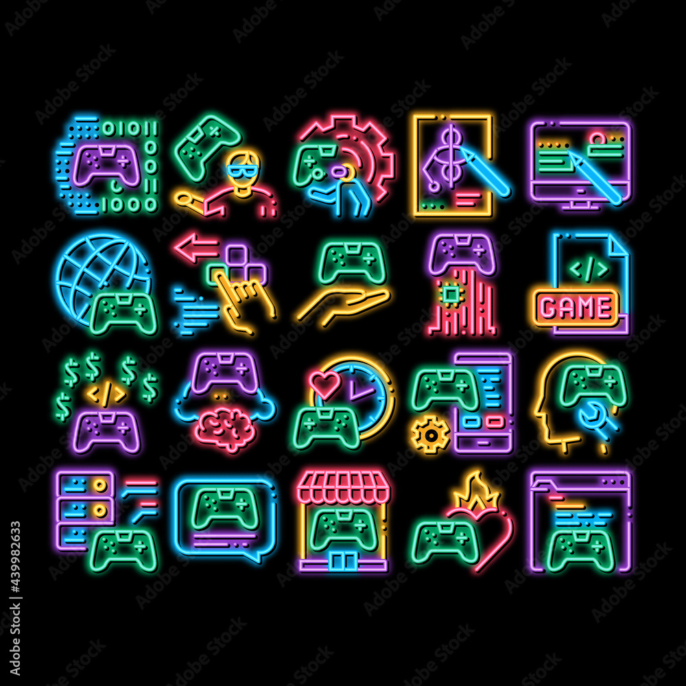 Video Game Development neon light sign vector. Glowing bright icon Game Development, Coding And Design, Developing Phone App And Web Site Illustrations