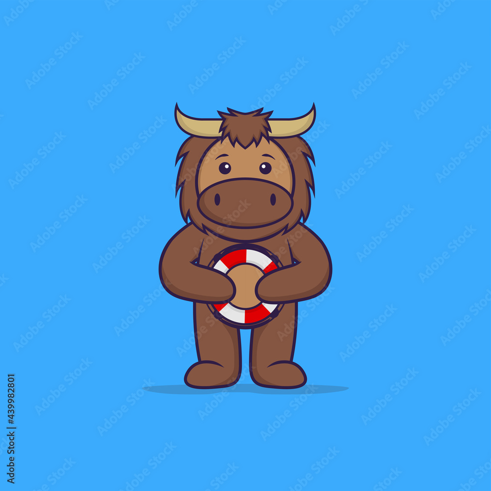 Cute bull holding a buoy. Animal cartoon concept isolated. Can used for t-shirt, greeting card, invitation card or mascot. Flat Cartoon Style Cute bull holding a buoy. Animal cartoon concept isolated. Can used for t-shirt, greeting card, invitation card or mascot. Flat Cartoon Style