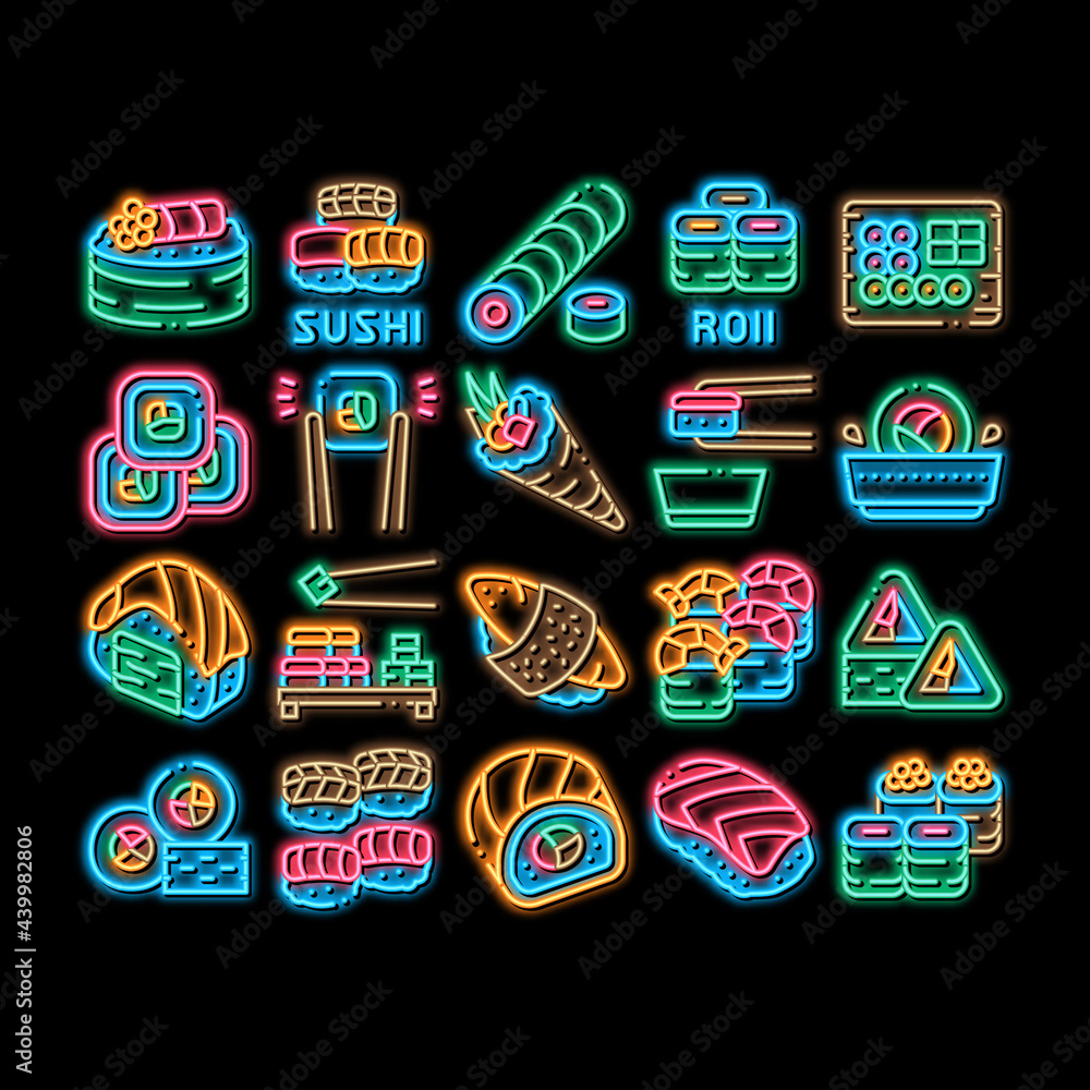 Sushi Roll Asian Dish neon light sign vector. Glowing bright icon Sushi Roll Set Japanese Traditional Food Cooked From Rice And Fish, Shrimp And Cheese Illustrations