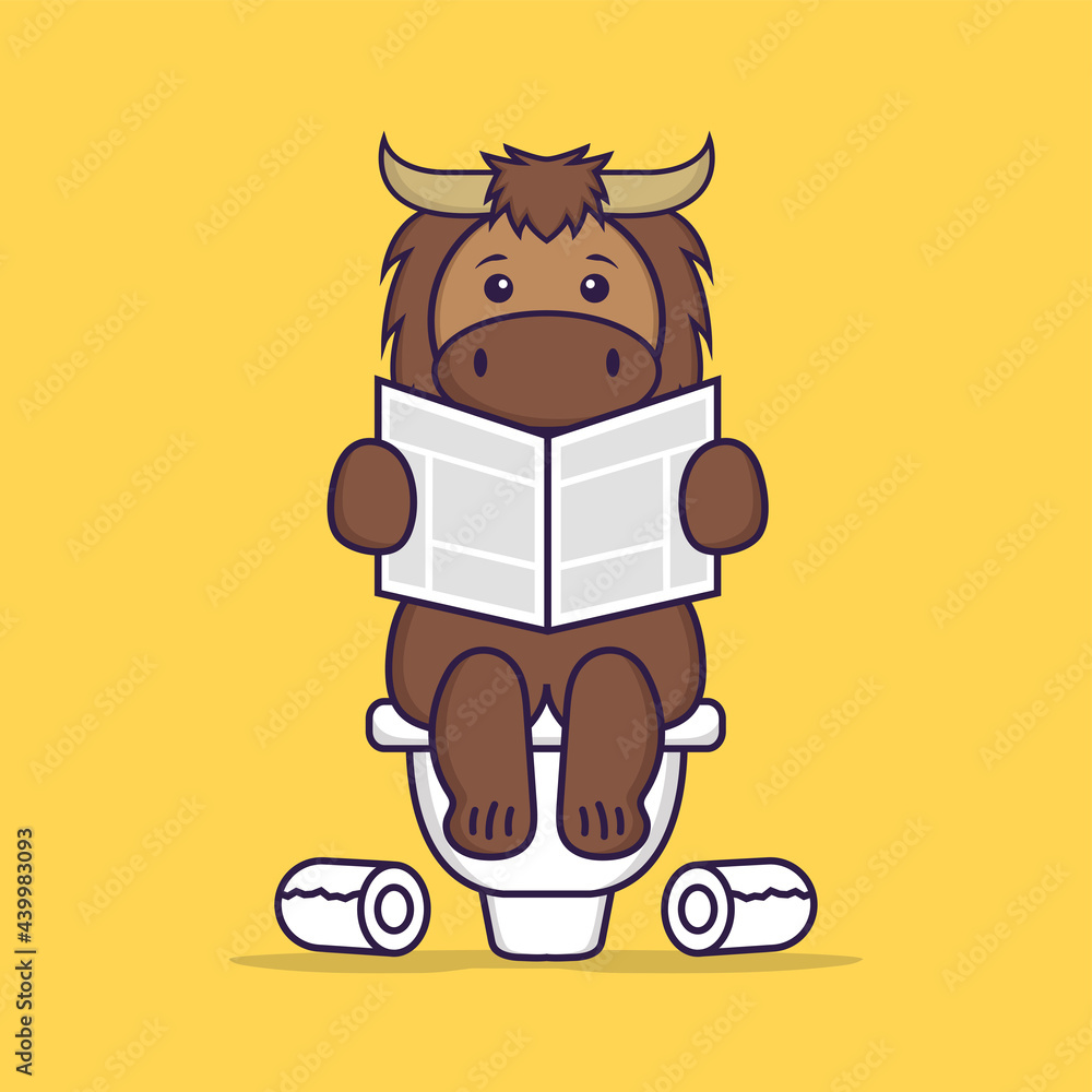 Cute bull Pooping On Toilet and read newspaper. Animal cartoon concept isolated. Can used for t-shirt, greeting card, invitation card or mascot. Flat Cartoon Style
