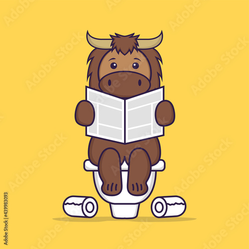 Cute bull Pooping On Toilet and read newspaper. Animal cartoon concept isolated. Can used for t-shirt, greeting card, invitation card or mascot. Flat Cartoon Style