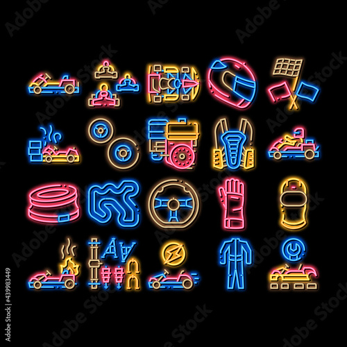 Karting Motorsport neon light sign vector. Glowing bright icon Karting Race And Track, Kart Engine And Steering Wheel, Driver Helmet And Suit Gloves And Mask Illustrations