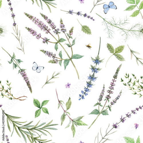 Beautiful seamless floral pattern with hand drawn watercolor gentle mint flowers and other herbs. Stock illuistration.