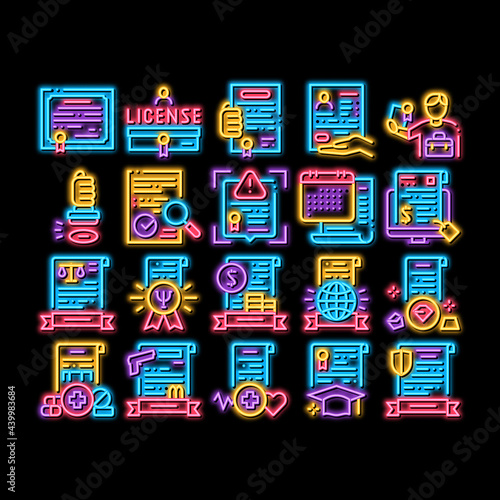 License Certificate neon light sign vector. Glowing bright icon Pharmaceutical And Medical License, International Legal Activity And Psychological Diploma Illustrations