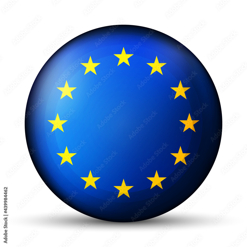 Glass light ball with European Union flag. Round sphere, template icon. EU national symbol. Glossy realistic ball, 3D abstract vector illustration highlighted on a white background. Big bubble Glass light ball with European Union flag. Round sphere, template icon. EU national symbol. Glossy realistic ball, 3D abstract vector illustration highlighted on a white background. Big bubble