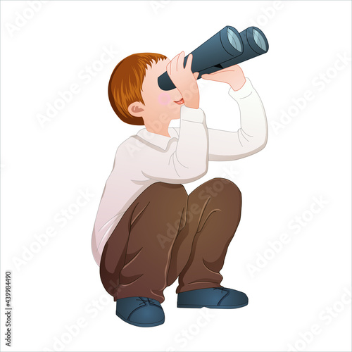 Kid using a binocular in a squatting position vector