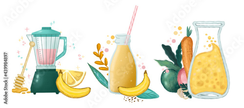 Set of detox drinks, fruit smoothies, organic lemonades in glass bottles, jars and jugs with straws. Refreshing summer homemade beverages. Colored flat illustration isolated on white background