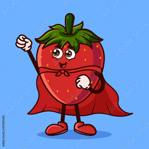 Cute Strawberry fruit character with Super hero costume and try to fly. Fruit character icon concept isolated. Emoji Sticker. flat cartoon style Vector