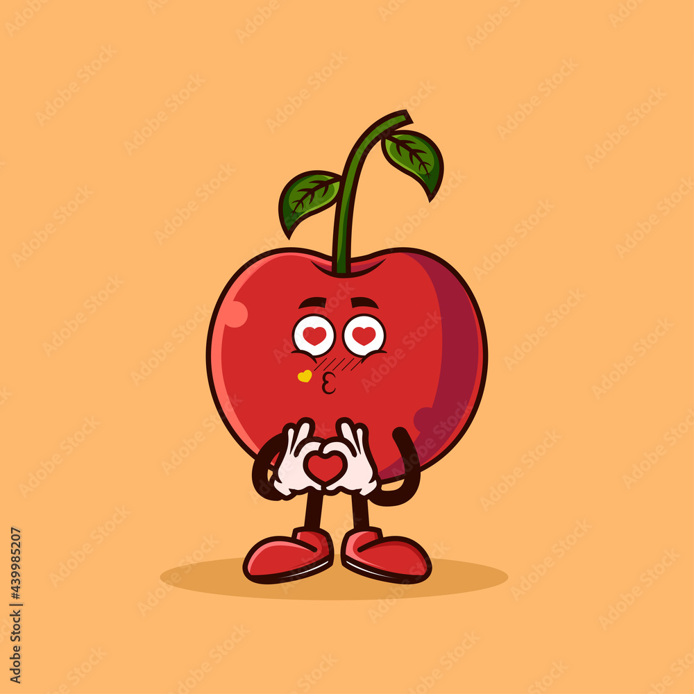 Obraz premium Cute Cherry fruit character with love emote. Fruit character icon concept isolated. flat cartoon style Premium Vector