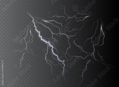 Vector realistic dark stormy sky with clouds, heavy rain and lightning strikes.