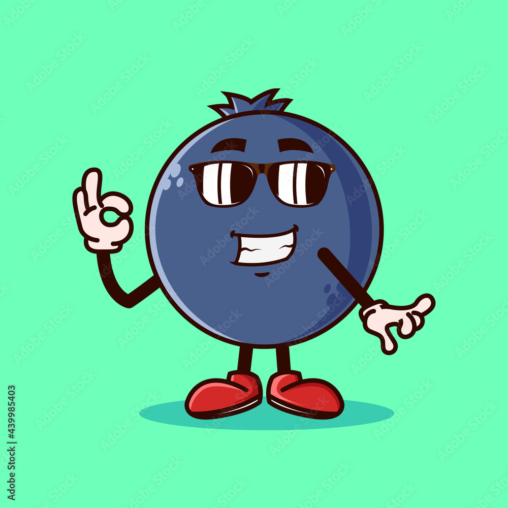 Cute Blueberry fruit character with eye glass and OK hand gesture. Fruit character icon concept isolated. flat cartoon style Premium Vector