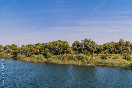 Beautiful panoramic view of the shores of the Nile River with palm trees and vegetation near Edfu, Egypt
