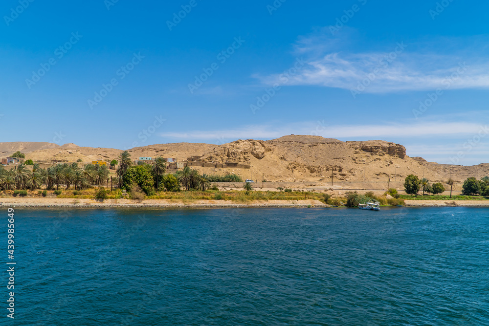 Panorama view of a traditional village on the Nile River near Edfu, Egypt