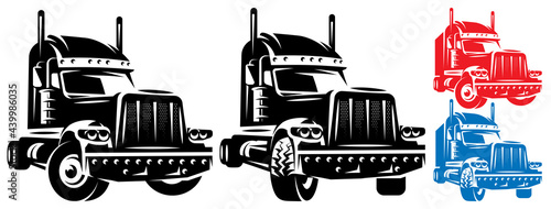 Vector template with a trailer for long trips. Truck driver theme. Color and monochrome illustrations