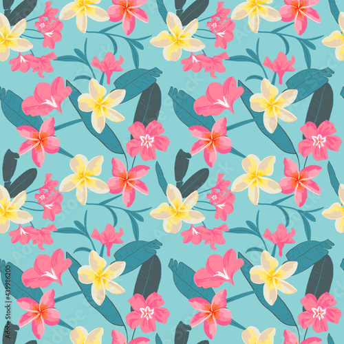 Seamless tropical pattern of purple oleander and plumeria flowers  green banana palm leaves.